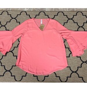 Zenana Top XLarge XL Blouse Outfitters Coral V-Neck Bell Sleeve Dressy Shirt NWT